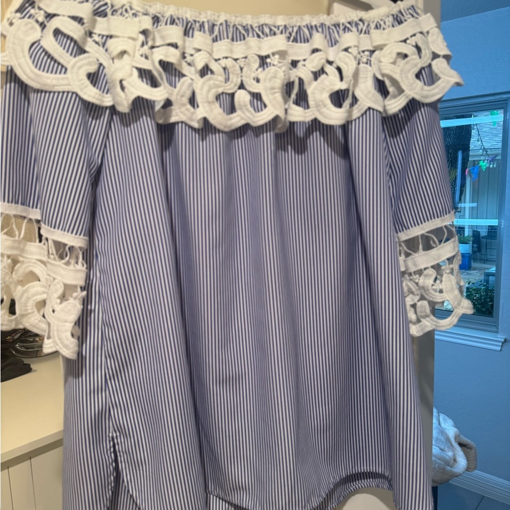 Blue Striped Off-Shoulder Top with Lace Trim